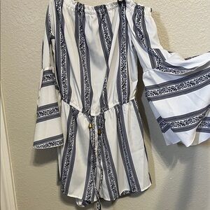 Striped Off-Shoulder Jumpsuit - White and Blue